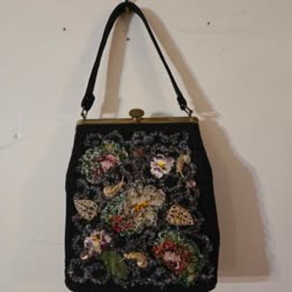 VINTAGE Black Beautifully Embellished 1950s-1960s Spilene Handbag - Picture 1 of 11